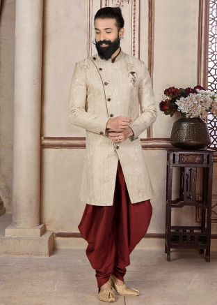 Off White Indo Western Sherwani Set In Woven Designs