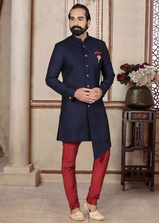 Navy Blue Asymmetric Indo Western Sherwani Set