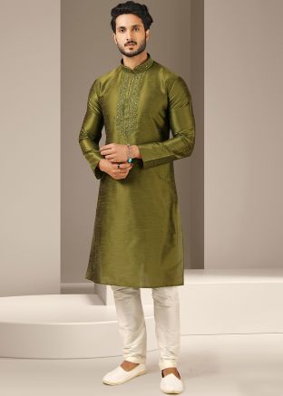 Green Embroidered Kurta Pajama In Banarasi Art Silk