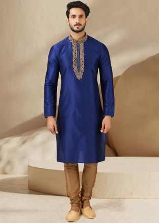Blue Embroidered Kurta Pajama For Men