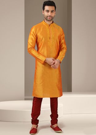 Orange Readymade Embroidered Kurta Pajama Set