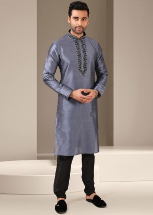 Grey Embroidered Kurta Churidar Set For Men