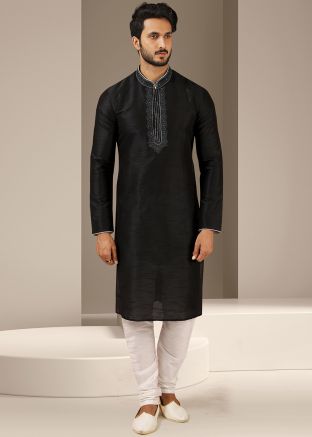 Black Embroidered Kurta Churidar Set For Men