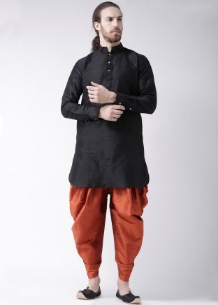 Readymade Black Dupion Silk Kurta Dhoti Set
