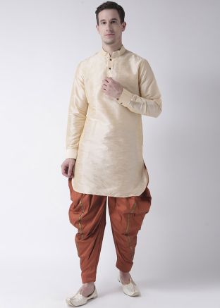 Cream Readymade Dupion Silk Kurta With Dhoti