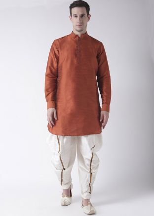 Brown Dupion Silk Readymade Kurta With Dhoti