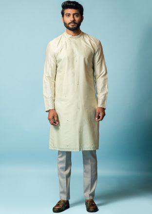 Off White Embroidered Readymade Kurta Pyjama