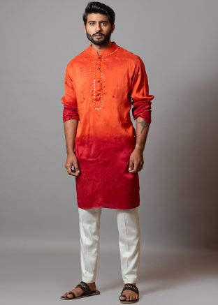 Orange Readymade Embroidered Kurta Pajama