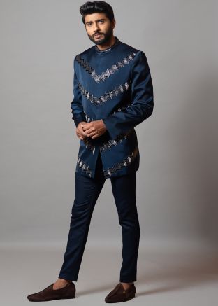 Blue Embroidered Readymade Bandhgala Jodhpuri Suit