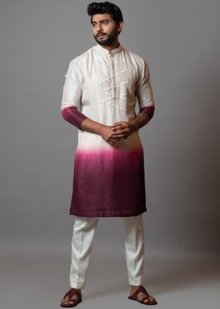 White Shaded Readymade Kurta Pyjama In Art Silk