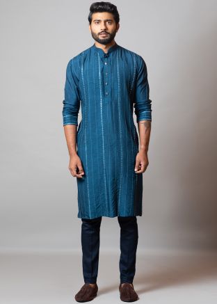 Blue Readymade Mirror Embroidered Kurta Pajama