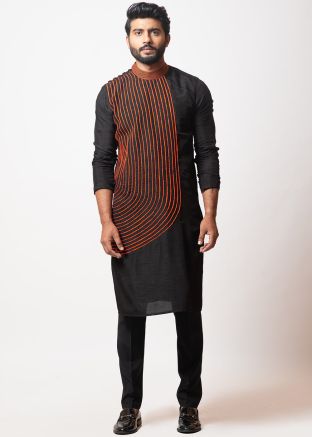Black Readymade Embroidered Kurta Pajama In Art Silk