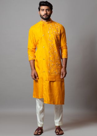Yellow Embroidered Asymmetric Readymade Kurta Pajama