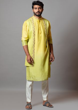 Readymade Green And Yellow Shaded Art Silk Kurta