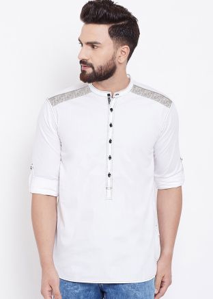 Readymade Mens White Embroidered Short Kurta 
