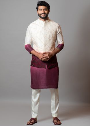 Off White Shaded Readymade Nehru Jacket For Men