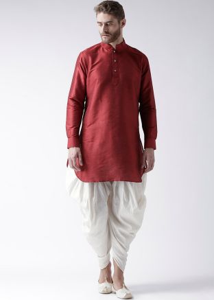 Maroon Dupion Silk Readymade Kurta Dhoti Set