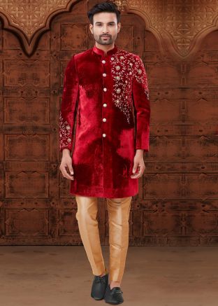 Red Velvet Readymade Sherwani For Men