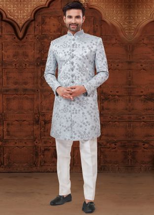 Silver Readymade Embroidered Art Silk Sherwani