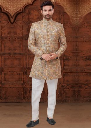 Brown Thread Embroidered Readymade Sherwani In Art Silk