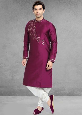 Readymade Magenta Embroidered Kurta With Dhoti