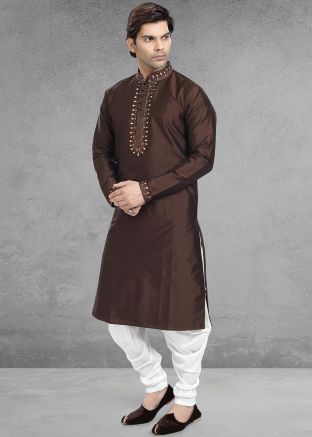 Readymade Brown Embroidered Kurta Dhoti Set