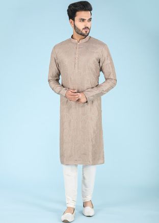 Beige Embroidered Art Silk Kurta With Pajama