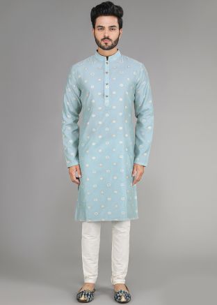 Readymade Blue Zari Woven Kurta With Pajama