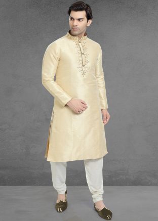 Beige Embroidered Kurta Churidar Set In Art Silk