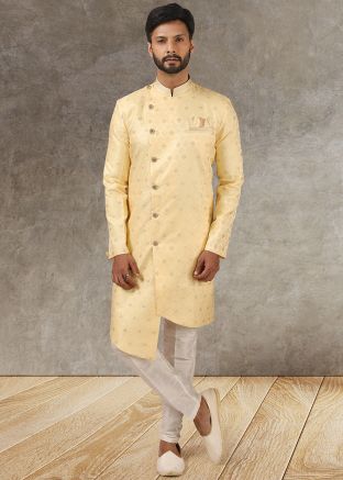 Yellow Asymmetric Readymade Jacquard Sherwani Set