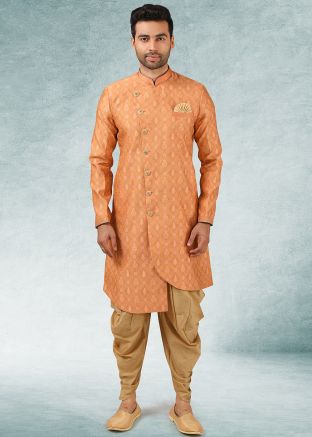 Peach Woven Art Silk Readymade Sherwani With Dhoti