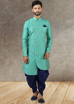 Turquoise Woven Readymade Sherwani With Dhoti
