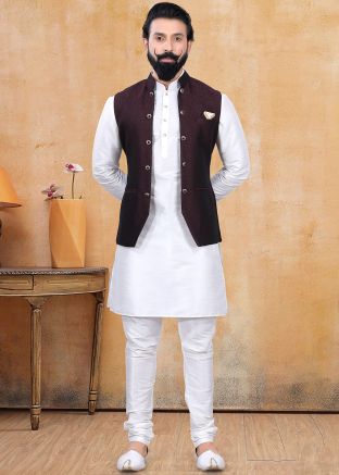 Readymade White Kurta Pajama With Brown Jacket