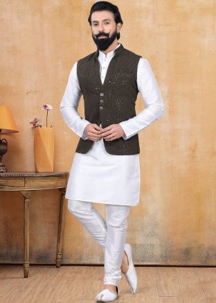 Readymade Mens White Kurta Churidar & Embroidered Jacket
