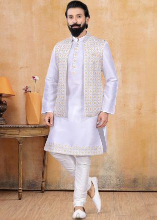 White Festive Kurta Churidar & Digital Printed Jacket