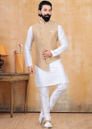 White Kurta Pajama With Asymmetric Jacket