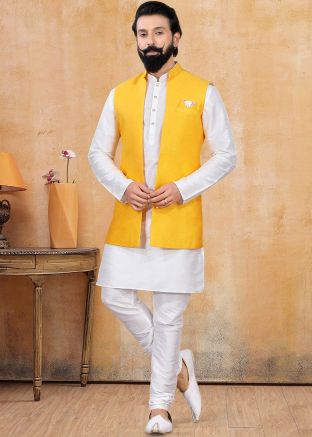 Readymade White Kurta Pajama With Woven Jacket