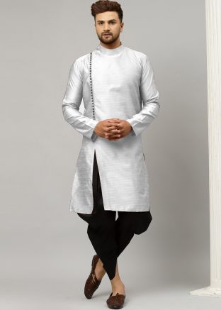 Readymade Silver Kurta With Dhoti In Dupion Silk