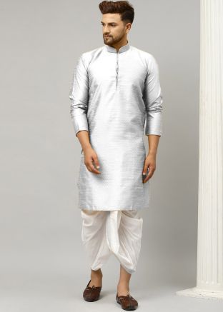 Silver Readymade Dupion Silk Kurta With Dhoti