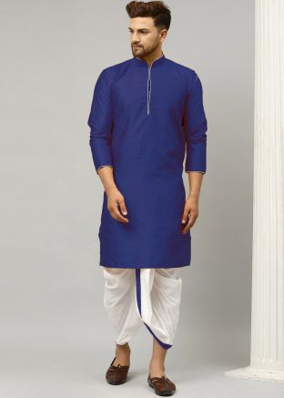 Blue Readymade Woven Kurta With Dhoti In Silk