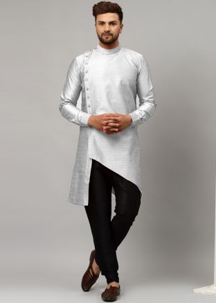 Silver Readymade Asymmetric Woven Kurta Set