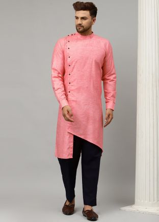 Peach Readymade Asymmetric Kurta Pajama In Satin