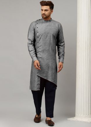 Readymade Grey Satin Asymmetric Kurta Pajama