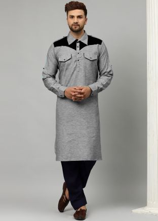 Readymade Grey Plain Pathani Suit In Satin