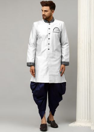 Silver Readymade Dupion Silk Kurta With Dhoti