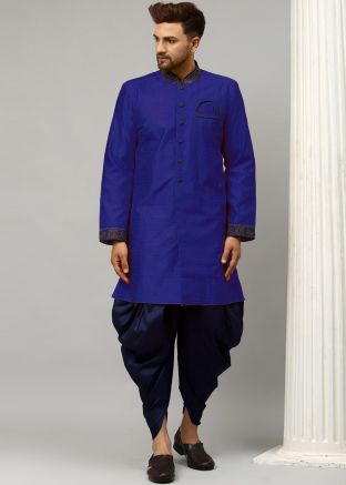 Blue Readymade Dupion Silk Kurta With Dhoti