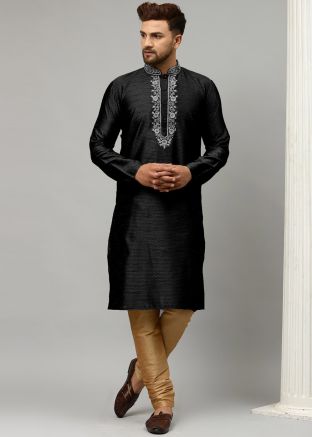 Black Readymade Dupion Silk Woven Kurta Pajama
