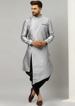 Silver Readymade Woven Dhoti Kurta In Dupion Silk