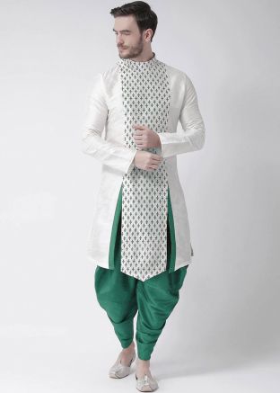 White Printed Kurta Dhoti In Slitted Angrakha Style