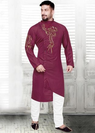 Maroon Embroidered Asymmetric Kurta Pajama Set